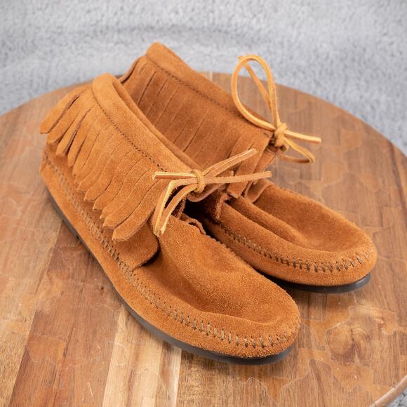 Minnetonka Boots Womens 5.5 Fringe Moccasins Ankle Booties 682 Brown Suede Flats - Picture 1 of 7